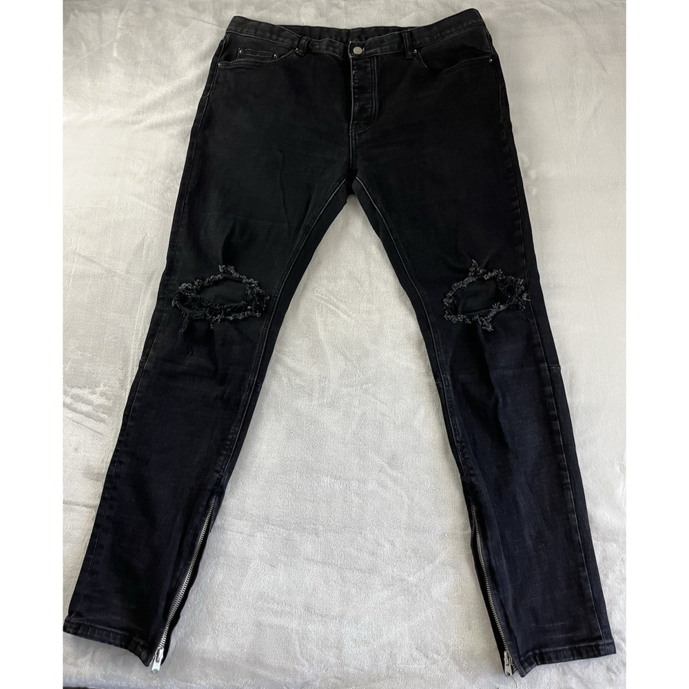 MNML Jean Men 40 Black Denim Stretch Button Fly Distressed Tapered Ankle Zip